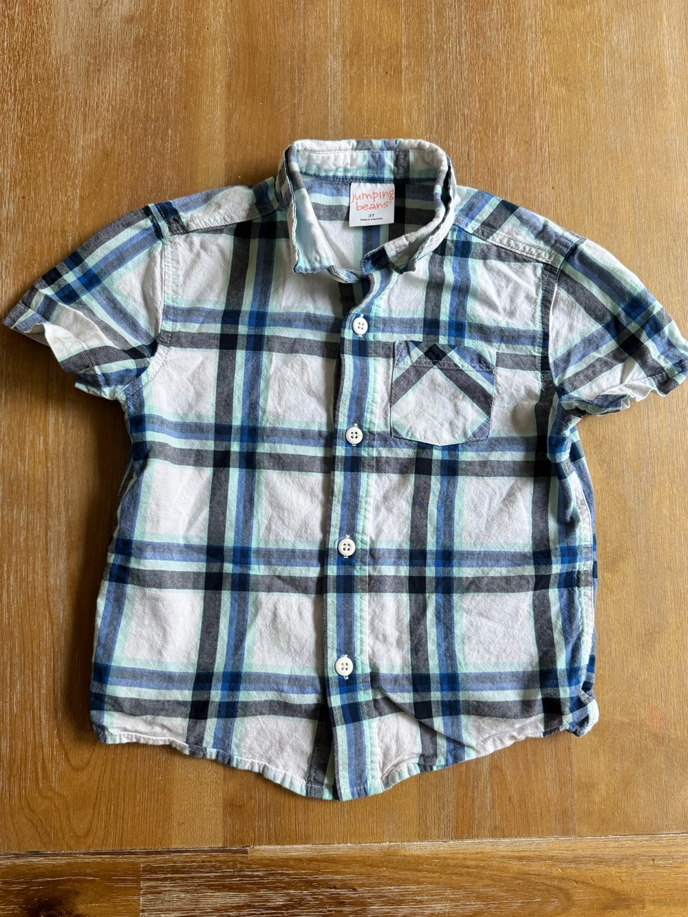 Toddler Boy - Size 3T - White and Blue Plaid Short-Sleeve Button-Down Shirt